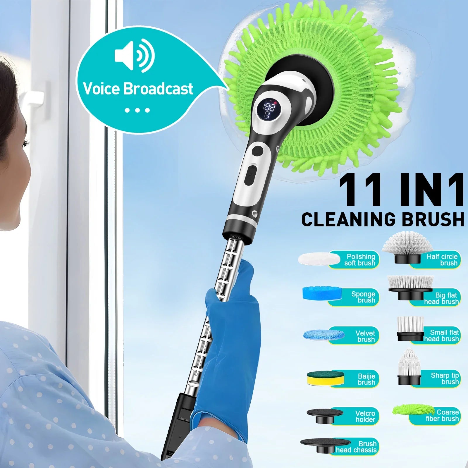 11 in 1 Electric Spin Scrubber Cordless Cleaning Brush with 9 Replaceable Brush Heads for Bathroom Shower Bathtub Glass Car