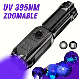 Portable UV Flashlight UV395NM Zoomable ABS Torch 3 Modes Camping Ultraviolet Flashlights for Pet Stacks Fluorescent Detection