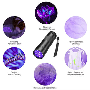 UV Handheld Waterproof Blacklight Flashlights 12 Led 395Nm Mini Light Torch Detector for Pets Urine Stains Black Light UV Lamp